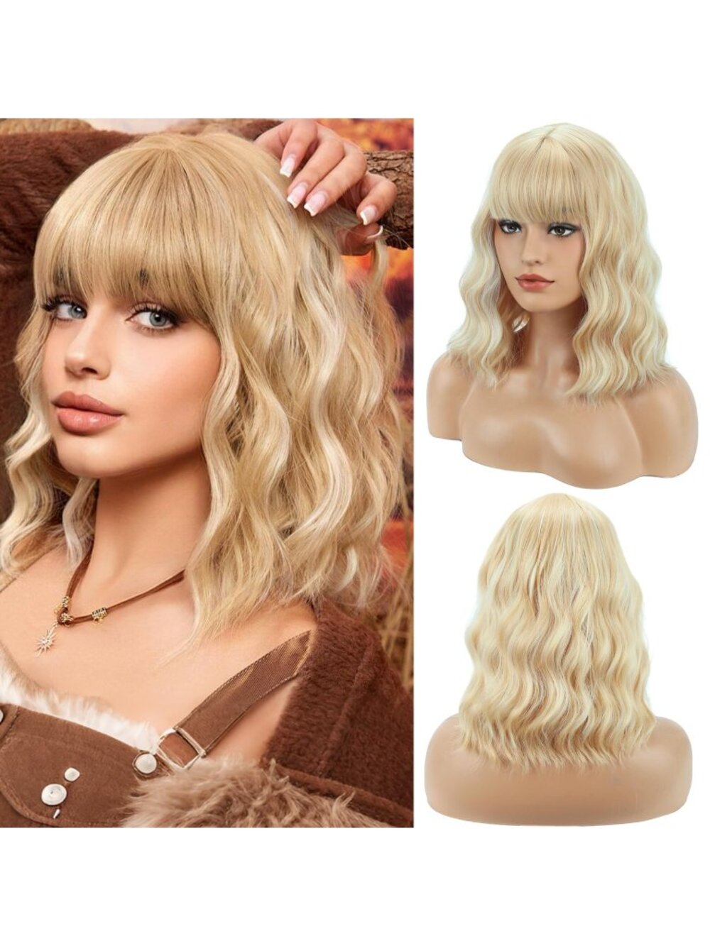 Women's Blonde Mix BERON 14 Inch  Curly Wig with Bangs Short Synthetic Wig
